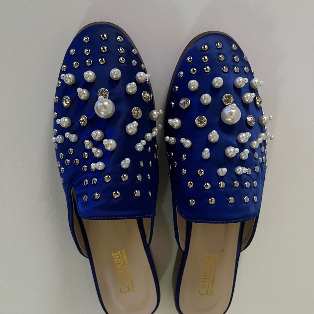 Catherine Malandrino Embellished Mules Satin Royal Blue - Picture 3 of 4